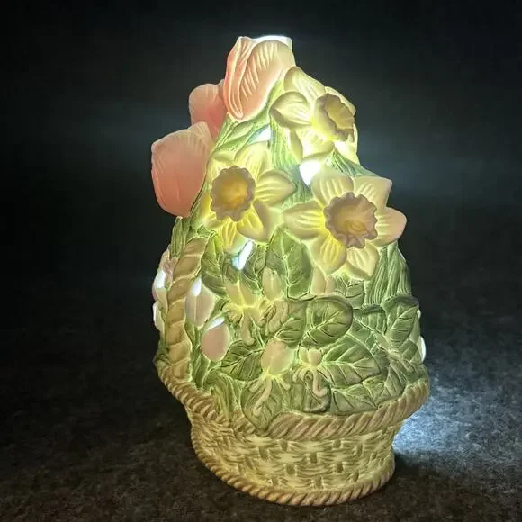 PartyLite Floral Spring Basket Tealight Candle Holder Ceramic Flowers RETIRED - Picture 2 of 10